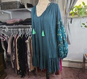 Teal Boho Dress with Tassels and Floral Sleeves